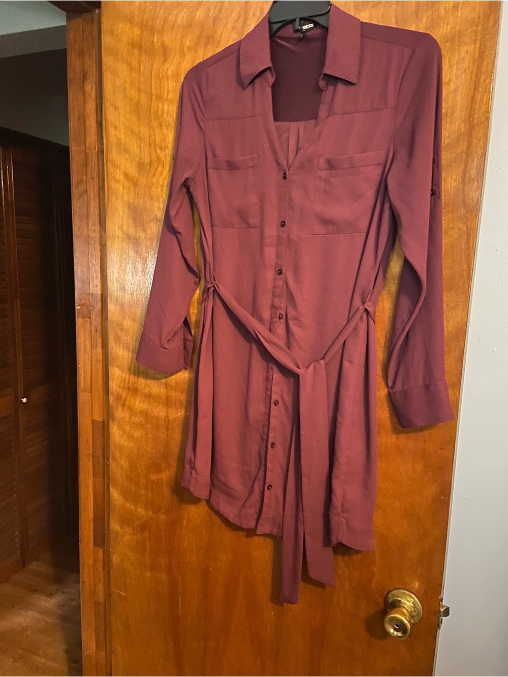 Express Long-Sleeve Shirt Dress in Wine